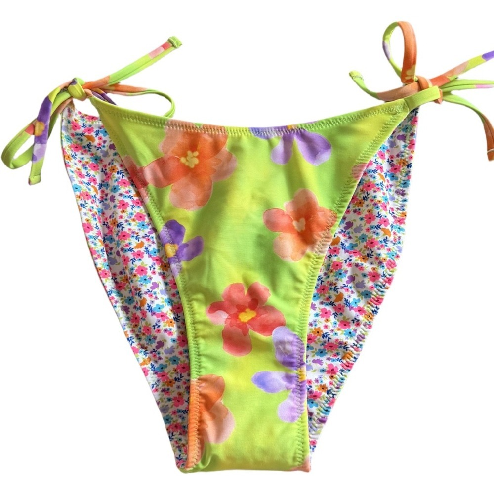 Wild Fable Reversible Floral Tie Side Bikini Bottom Size Small NWT Neon Floral